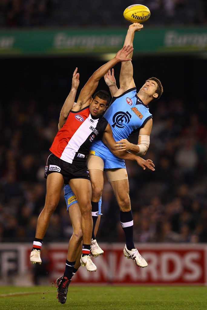 Jordan Russell of the Blues spoils a mark by Ahmed Saad of the Saints during the round seven AFL match between the St Kilda Saints and the Carlton Blues at Etihad Stadium. Jordan Russell of the Blues spoils a mark by Ahmed Saad of the Saints during the round seven AFL match between the St Kilda Saints and the Carlton Blues at Etihad Stadium.
